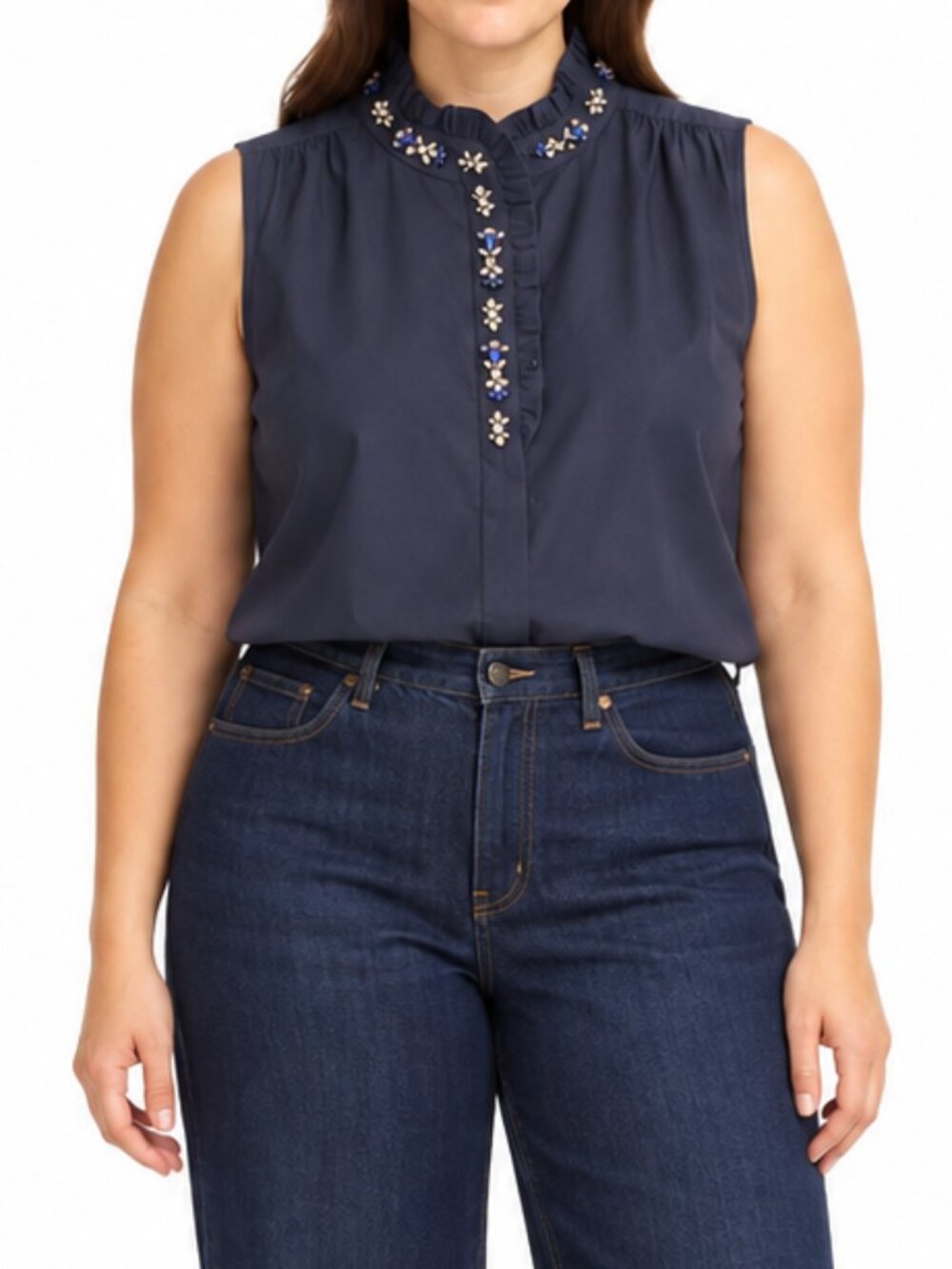 J.Crew Tilda Navy Jeweled Ruffle Neck Sleeveless Cotton Blouse Size 12 NWT